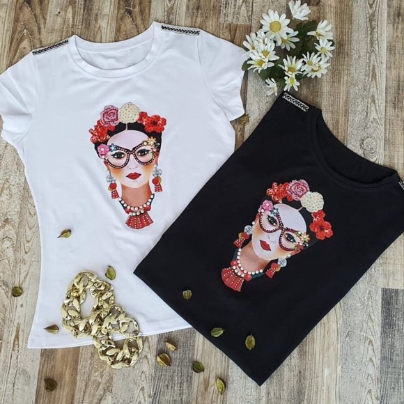 FRIDA Sublimated w/Rhinestone L, Bling Tee, Exclusive. Handmade. WHITE - Picture 3 of 7
